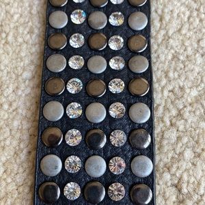 Leather Band Bracelet with Studs and Rhinestones